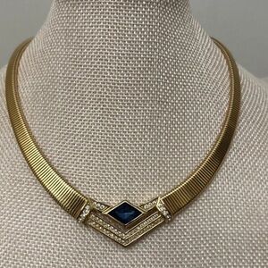 Vintage Christian Dior Elegant Gold Necklace with Deep Blue Detail